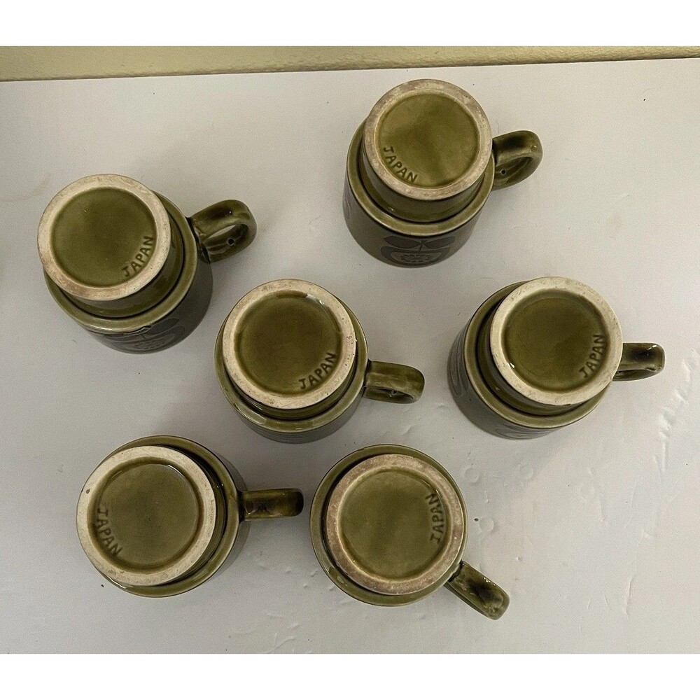 Vtg Retro Stackable Avocado Green Floral Ceramic Mugs Lot of 6 Japan READ - Picture 8 of 9